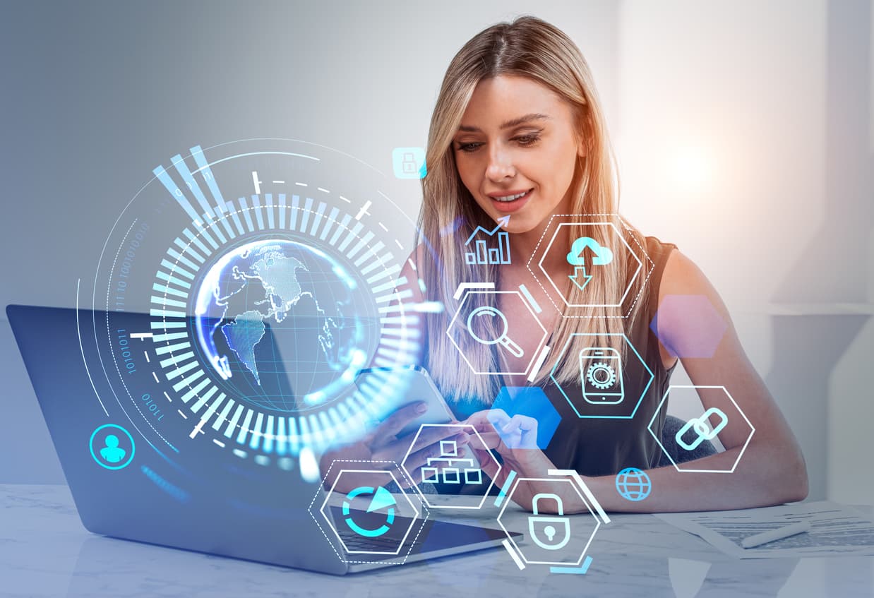 Woman integrating multiple technologies into an ai system design
